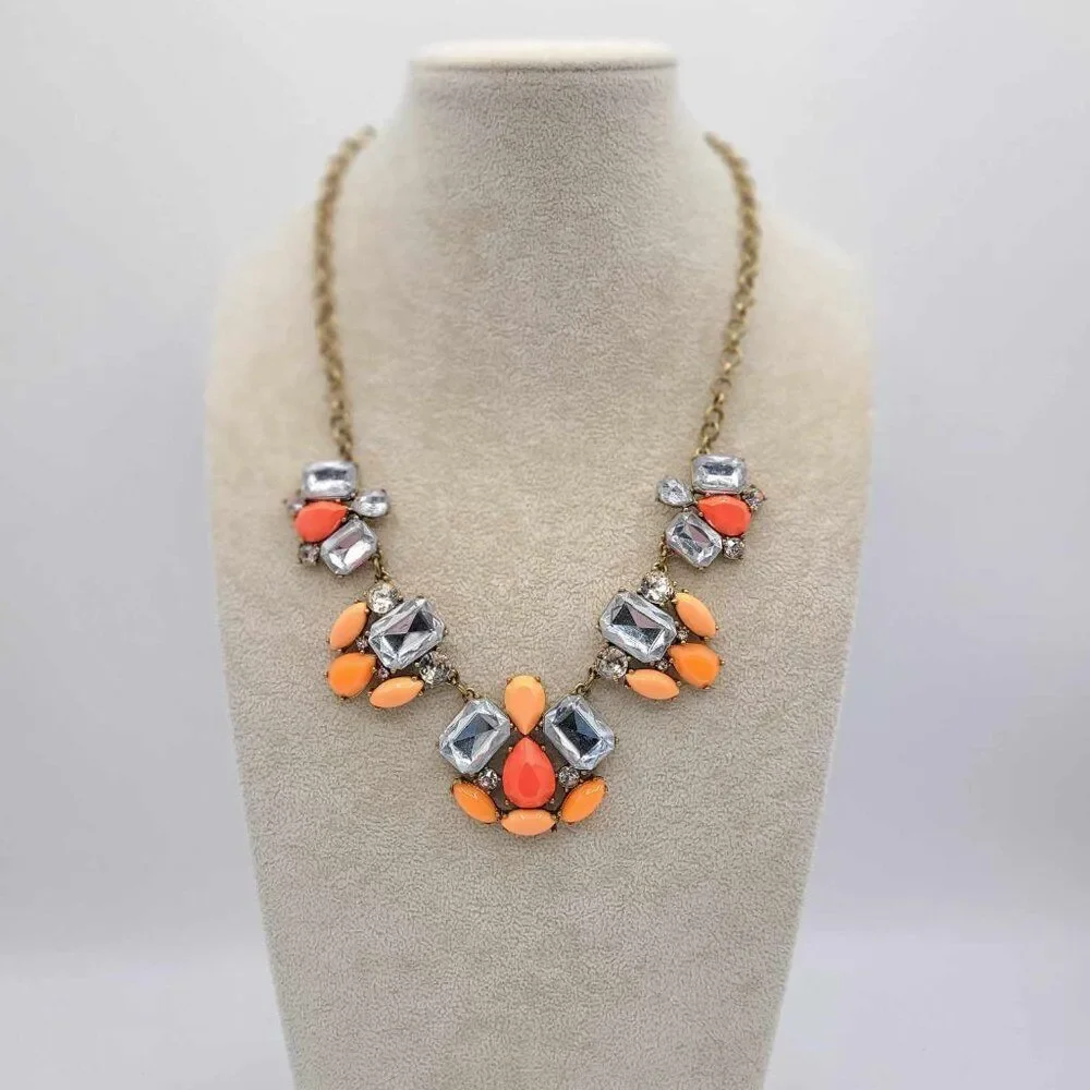 J Crew Large Clear Crystal and Orange Resin Statement Necklace